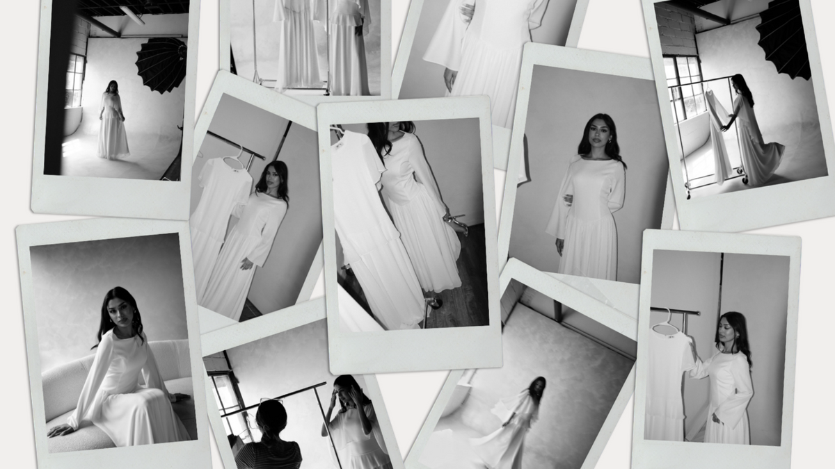 A collage of overlapping black-and-white Polaroid-style photos showing a woman wearing a long white dress in various indoor settings. The product appears to be the printed photo prints themselves rather than a standalone garment or room scene.